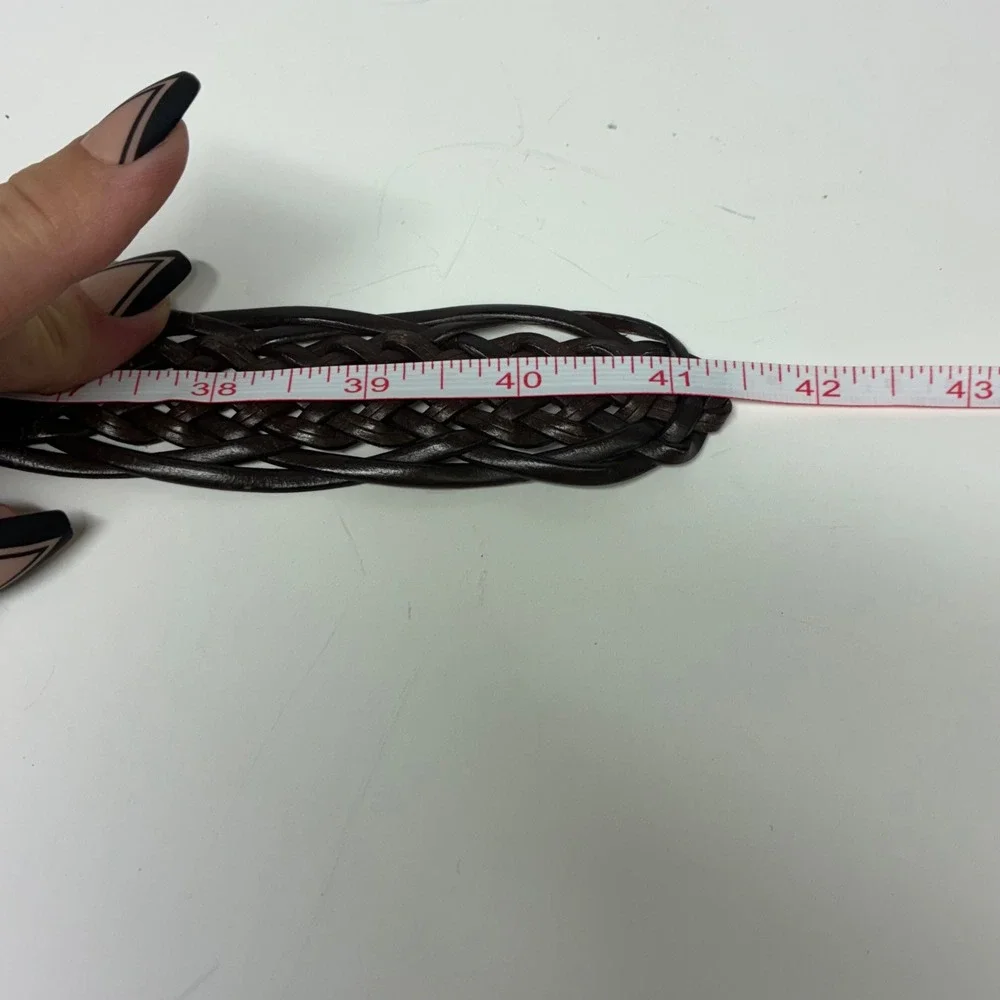New York & Co. Braided Belt Womens M/L Brown Bonded Leather Woven Gold Buckle